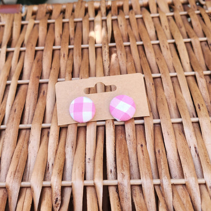 Pink Gingham - Button Earring