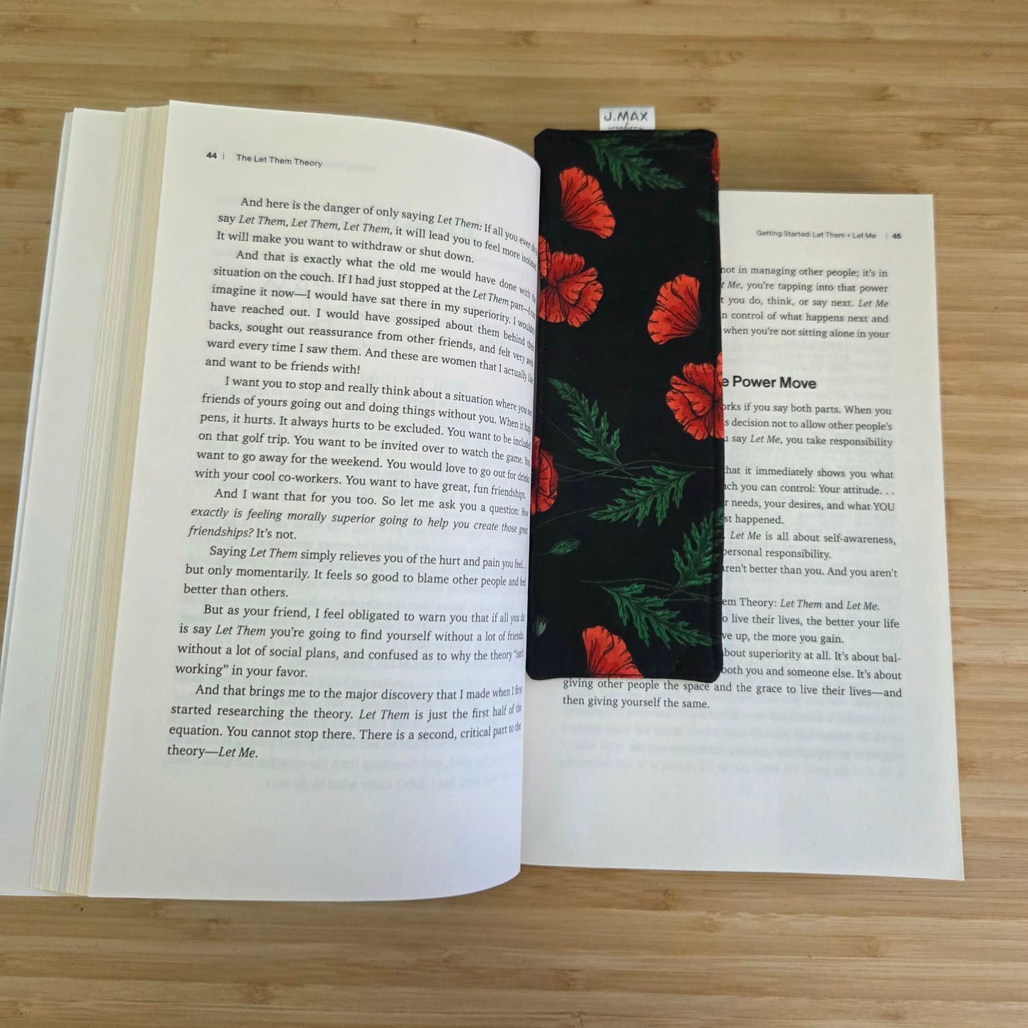 Fabric Book Mark - Black with Red Poppies