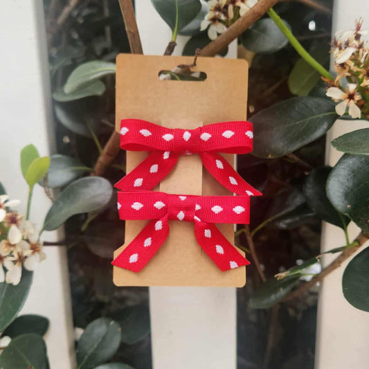 Red wih white Dots - Ribbon Bow Clips - Mini (2 pack)
