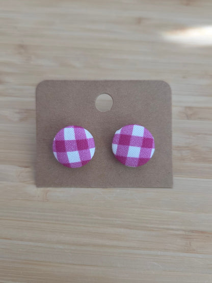 Dark pink Gingham - Button Earring